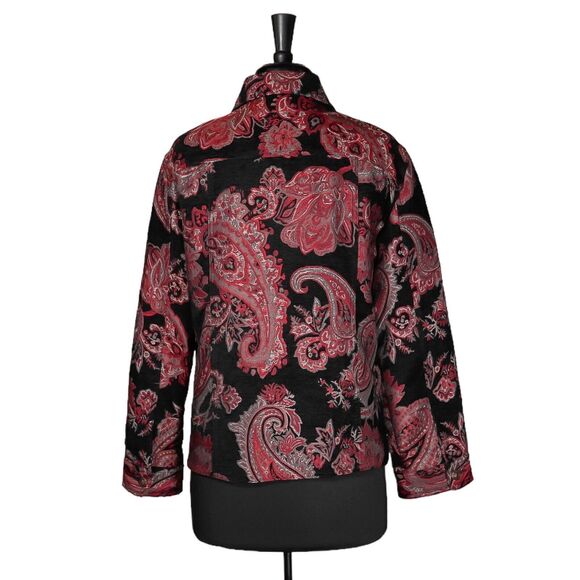 Chico's Women's Jacket Red Black Paisley Button Pockets Woven Jacquard 1 M/8 - Picture 2 of 9